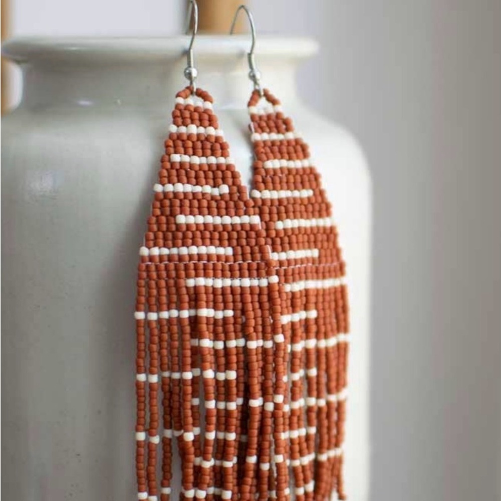Handcrafted Beaded Earrings - Brown and White